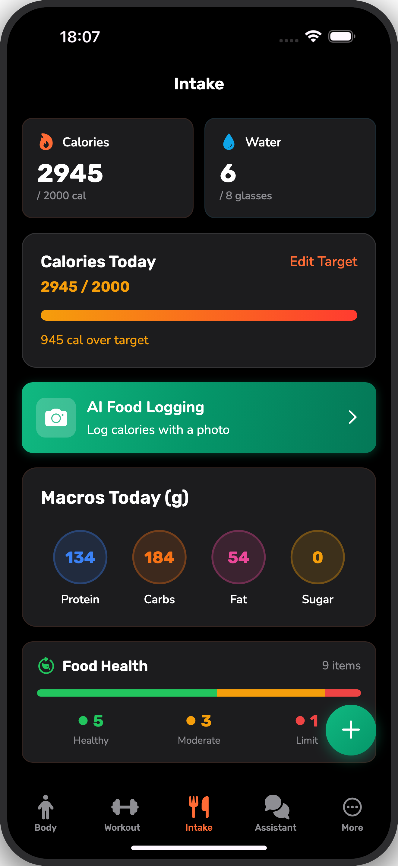 Nutrition tracking dashboard with calorie counter, macro breakdown, and water intake