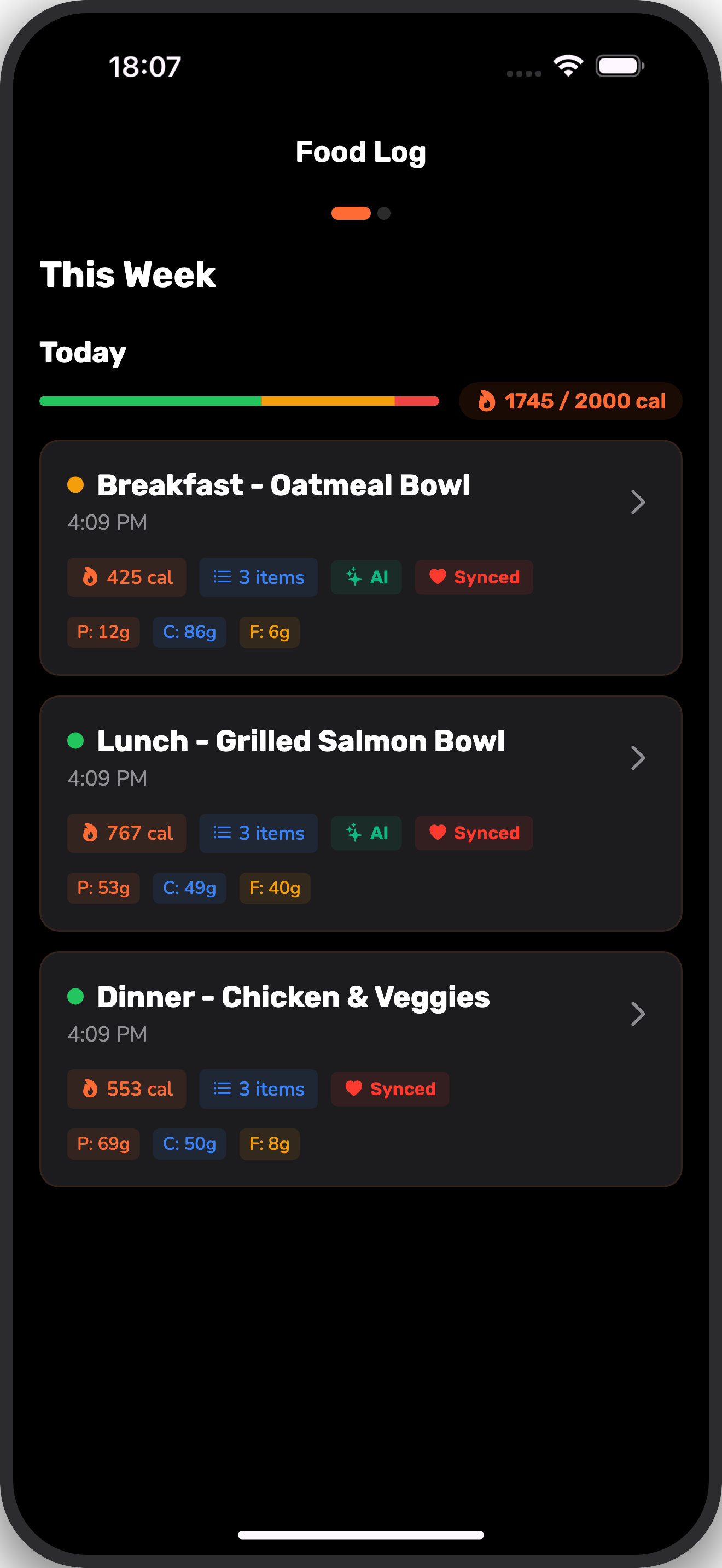 Meal history with detailed food items, calories, and macro breakdowns