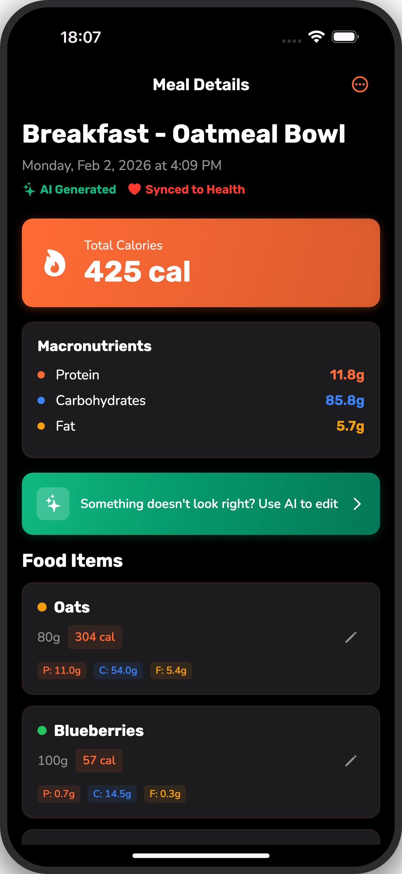 AI-analyzed meal showing detailed calories and complete macro breakdown for each food item