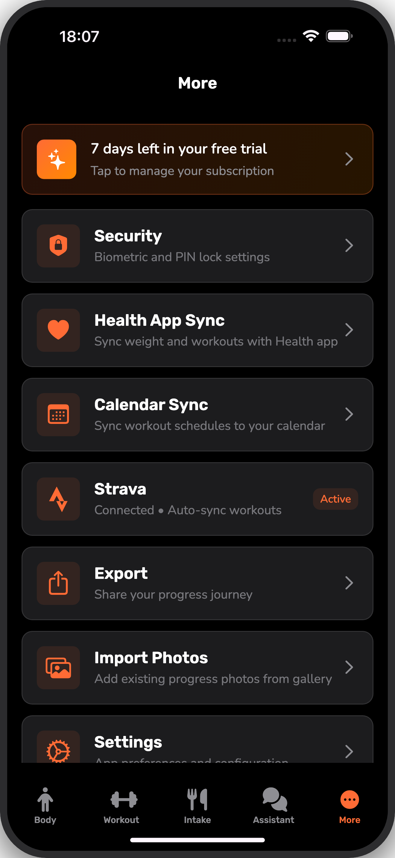Settings and more options menu