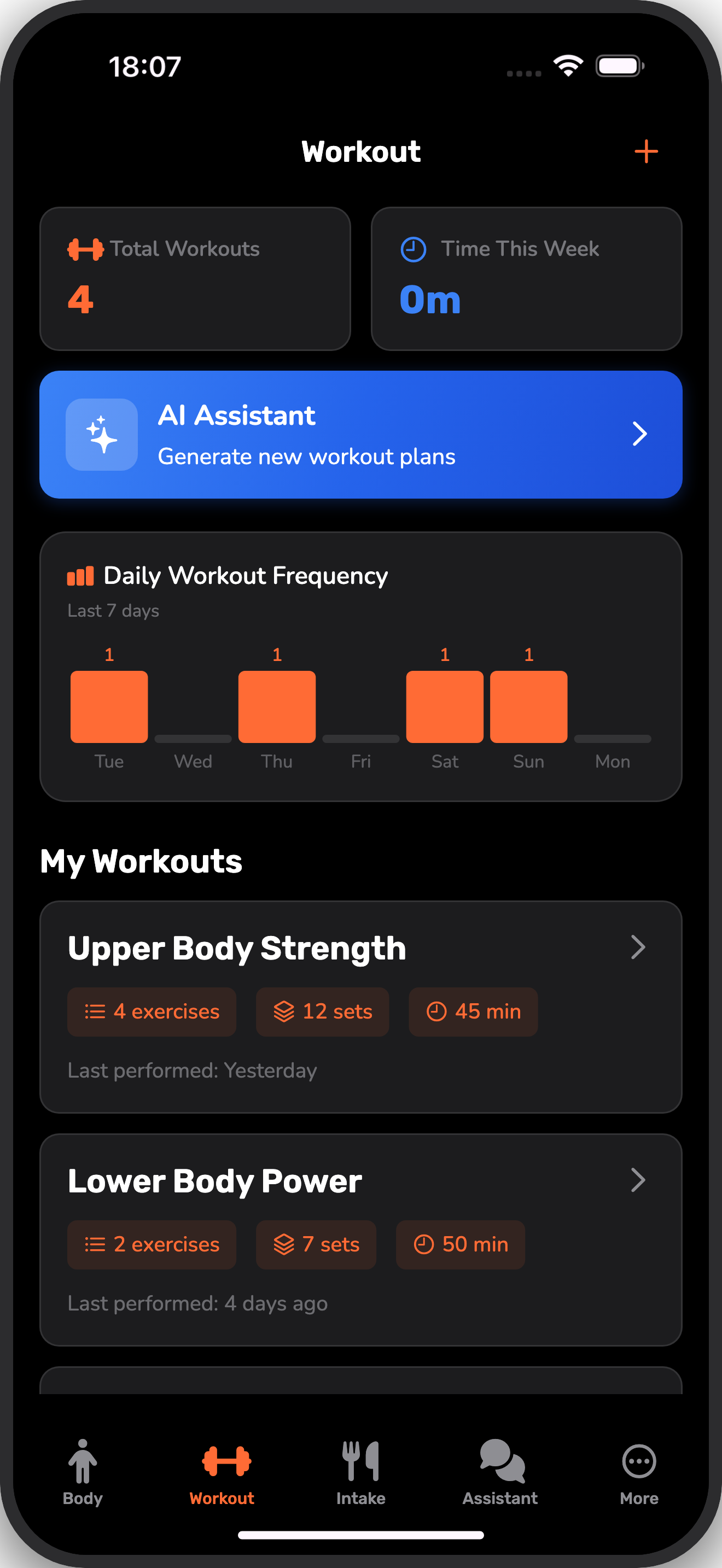 Workout dashboard with custom workout plans and frequency tracking