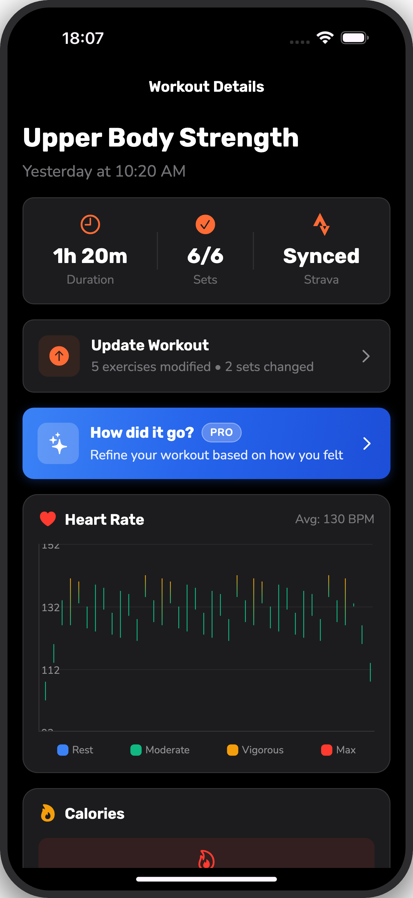 Workout session details with heart rate tracking and performance metrics