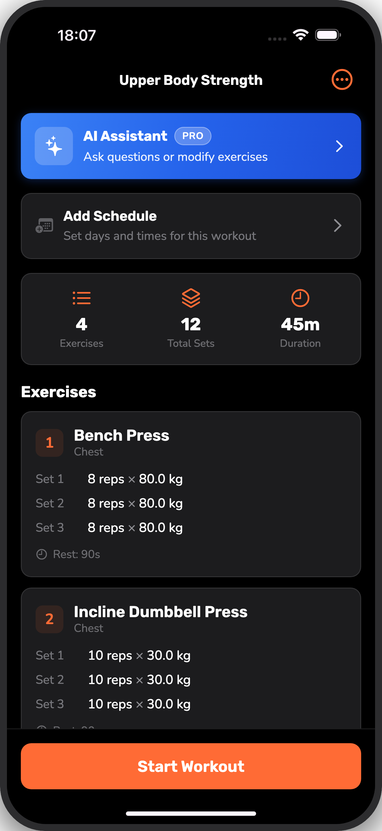 AI-generated workout plan with custom exercises, sets, reps, and rest times